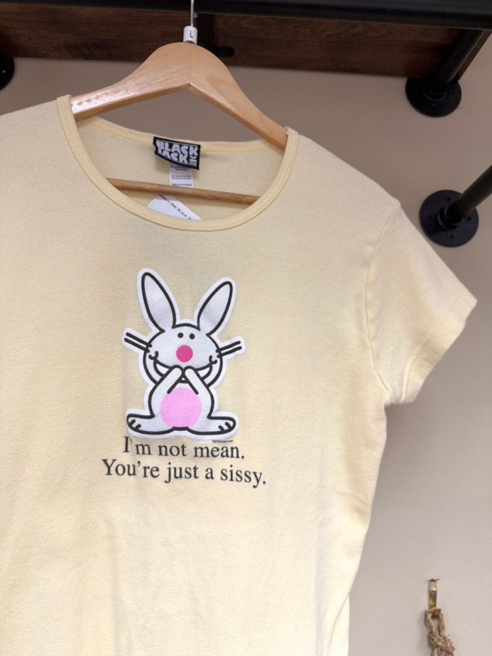 Womens Y2K Black Jack Jim Benton Bunny Im Not Mean Vintage Baby Tee Shirt Yellow